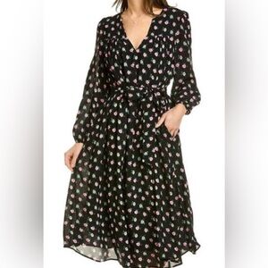 NWT Boden Gathered Yoke midi dress in black roses floral spring belted viscose